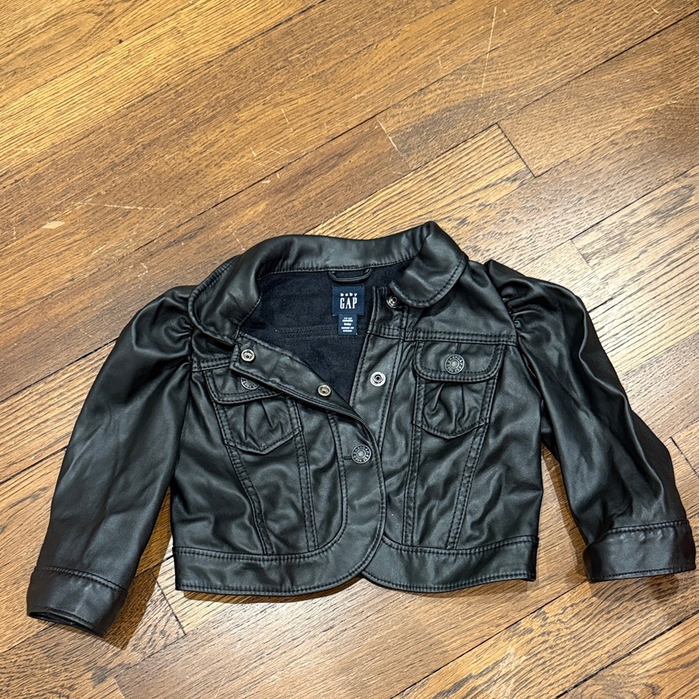 GAP Kids Black Faux Leather Puff-Sleeve Cropped Jacket
